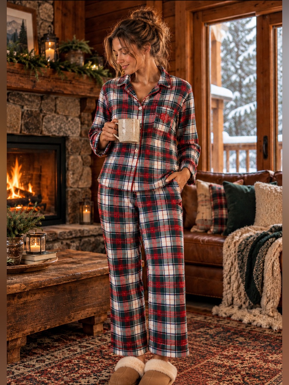Lauren Ralph Lauren Plaid Flannel Pajama Set | Large | Cropped Fit - Picture 1 of 7